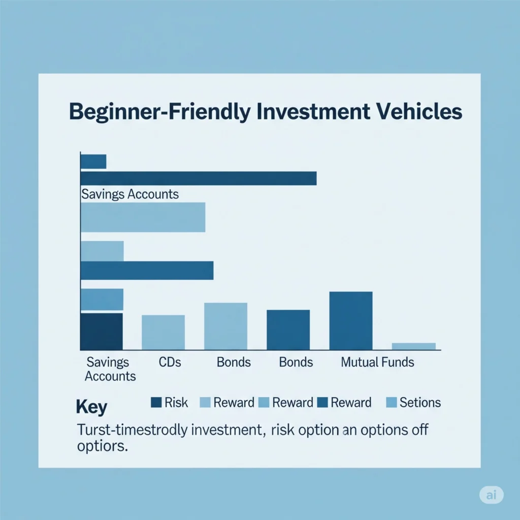 A bar chart graphic titled "Beginner-Friendly Investment Vehicles" showing comparisons of Savings Accounts, CDs, Bonds, and Mutual Funds based on Risk, Reward, and other factors, using various shades of blue. The chart includes a key and additional explanatory text about investment options