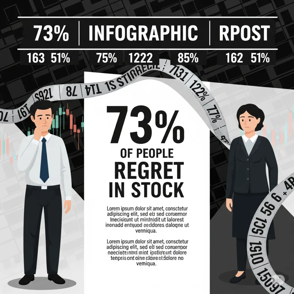 Mutual Funds vs Stocks: Which Is Right for You? Illustration showing 73% of people regret investing in stocks, with visuals of a concerned man and woman, stock market charts, and ticker tape