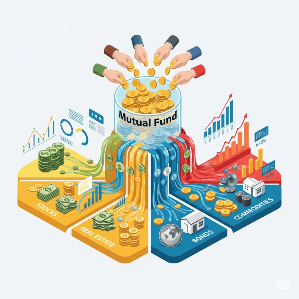 Illustration of a mutual fund collecting money from multiple investors and distributing it across diversified asset classes like stocks, real estate, bonds, and commodities.