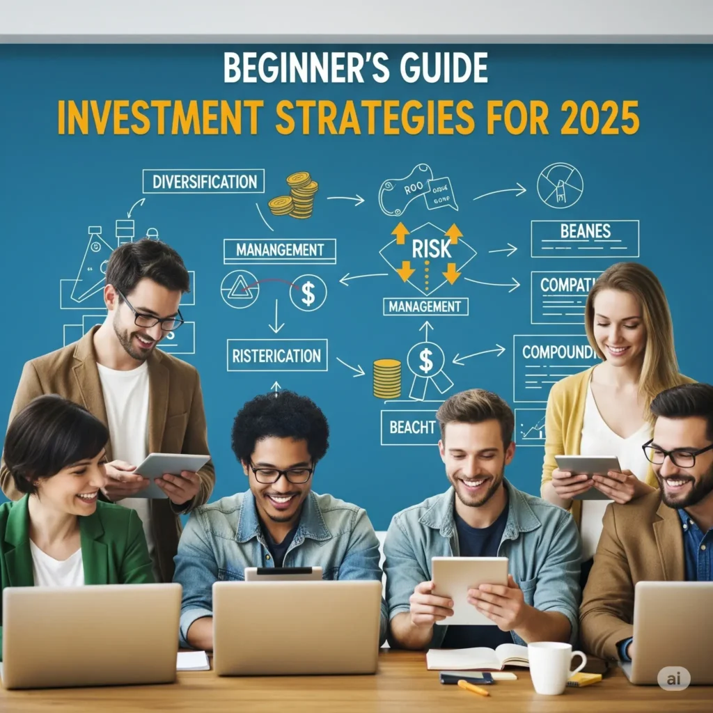 A diverse group of six young, smiling professionals using laptops and tablets in a modern office, with a flowchart on a blue background above them titled "BEGINNER'S GUIDE INVESTMENT STRATEGIES FOR 2025." The flowchart illustrates concepts like Diversification, Management, Risk Management, and Compounding with icons like coin stacks, gears, and upward arrows.