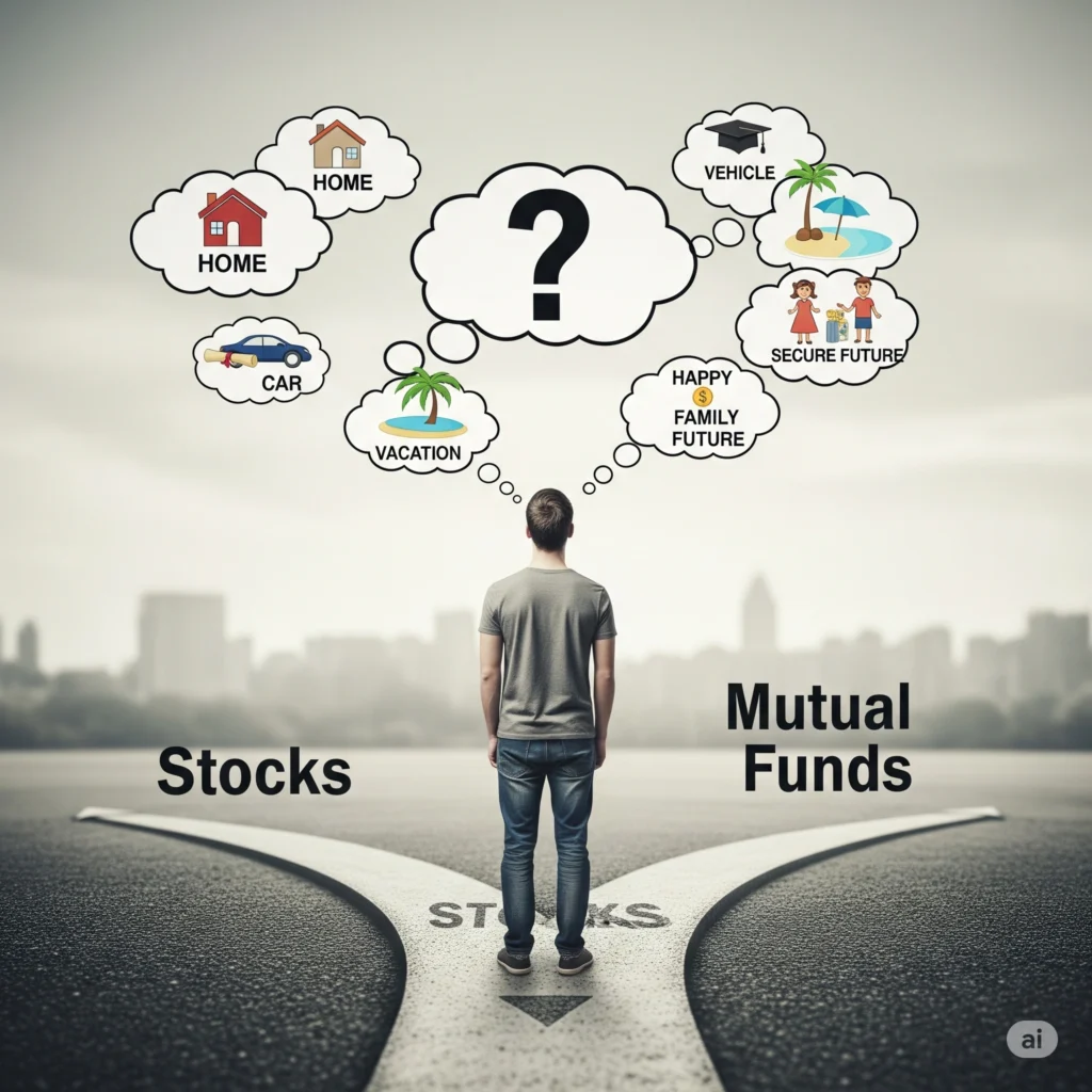 A person stands at a fork in the road choosing between stocks and mutual funds, surrounded by thought bubbles with dreams like home, car, and vacation.