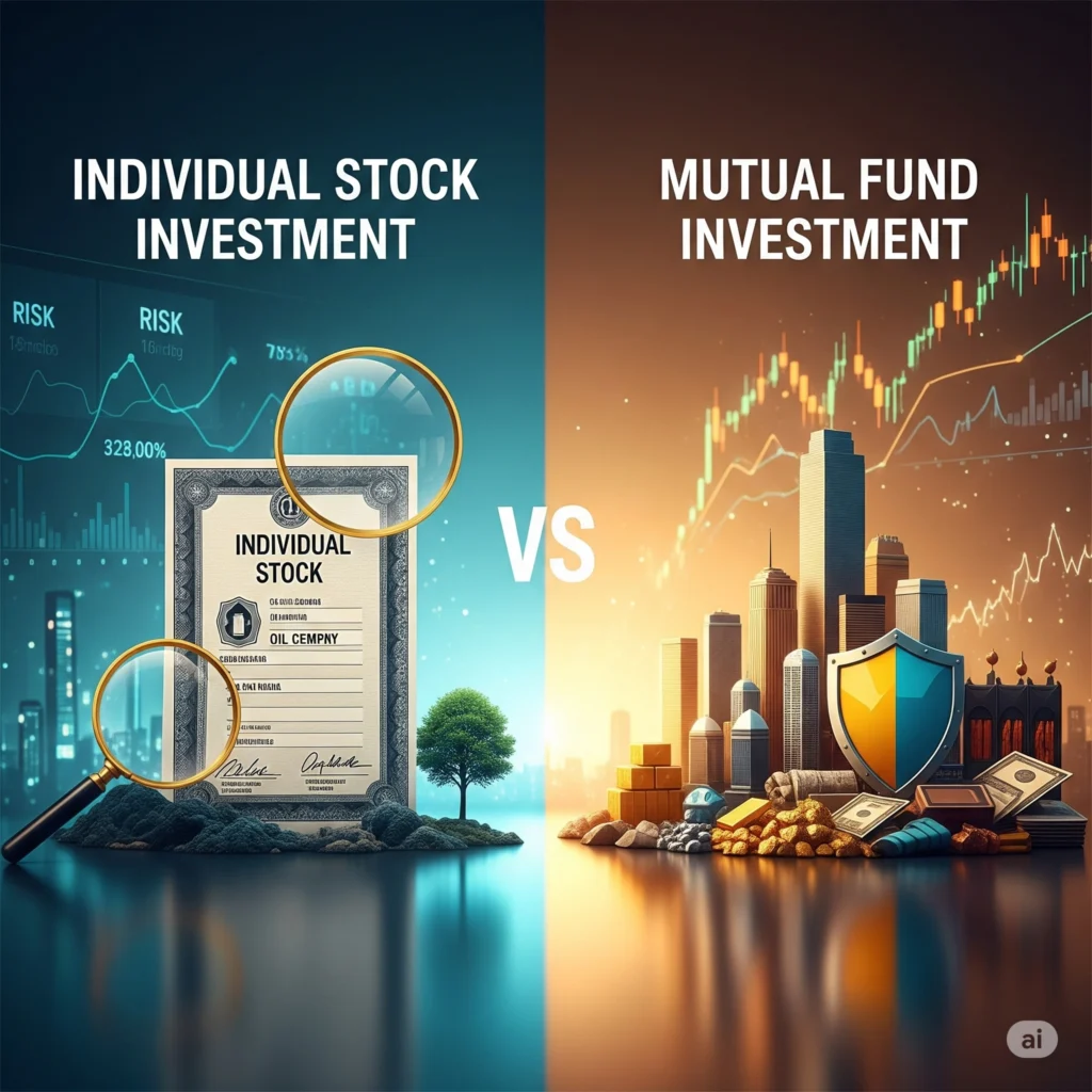 Split-screen illustration comparing individual stock investment and mutual fund investment, featuring stock certificates, financial charts, and assets.