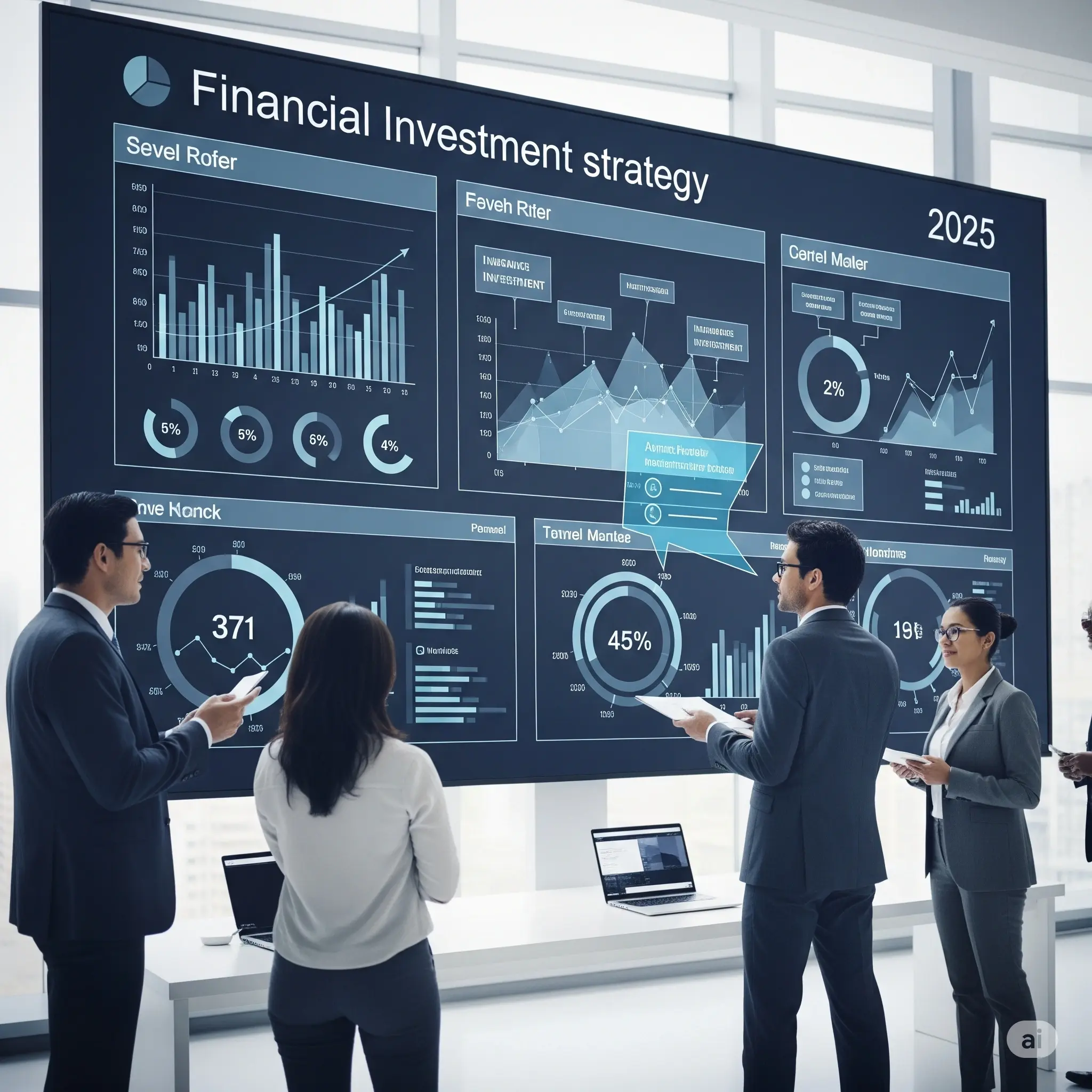 A group of five professionals viewing a large digital screen displaying financial charts, graphs, and data titled "Financial Investment Strategy 2025," in a modern office setting.