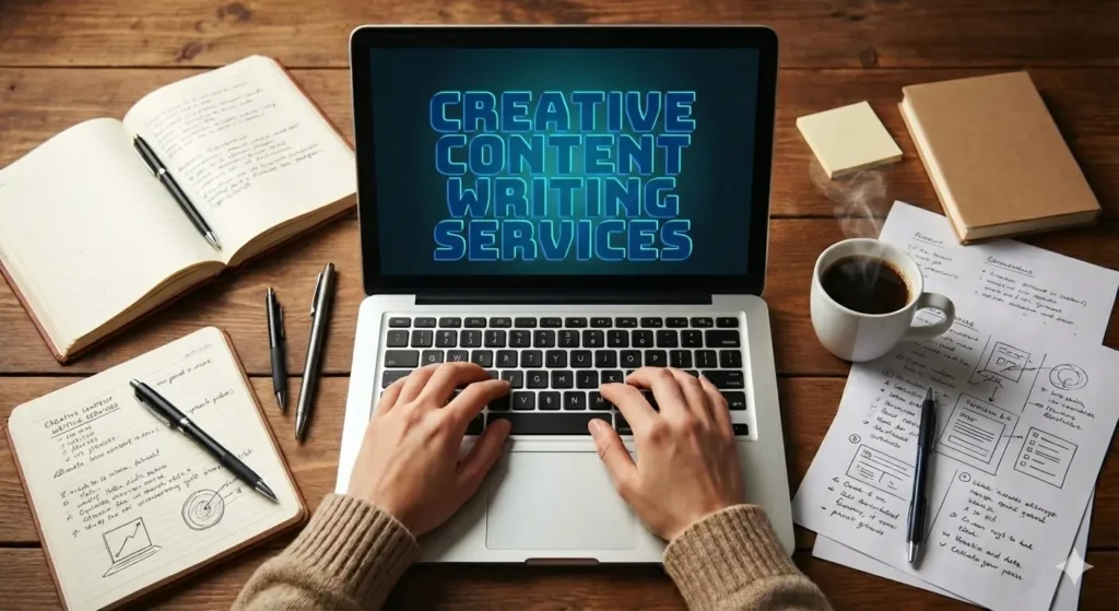 Hands typing on a laptop displaying “Creative Content Writing Services,” surrounded by notebooks, pens, and a cup of coffee on a wooden desk.