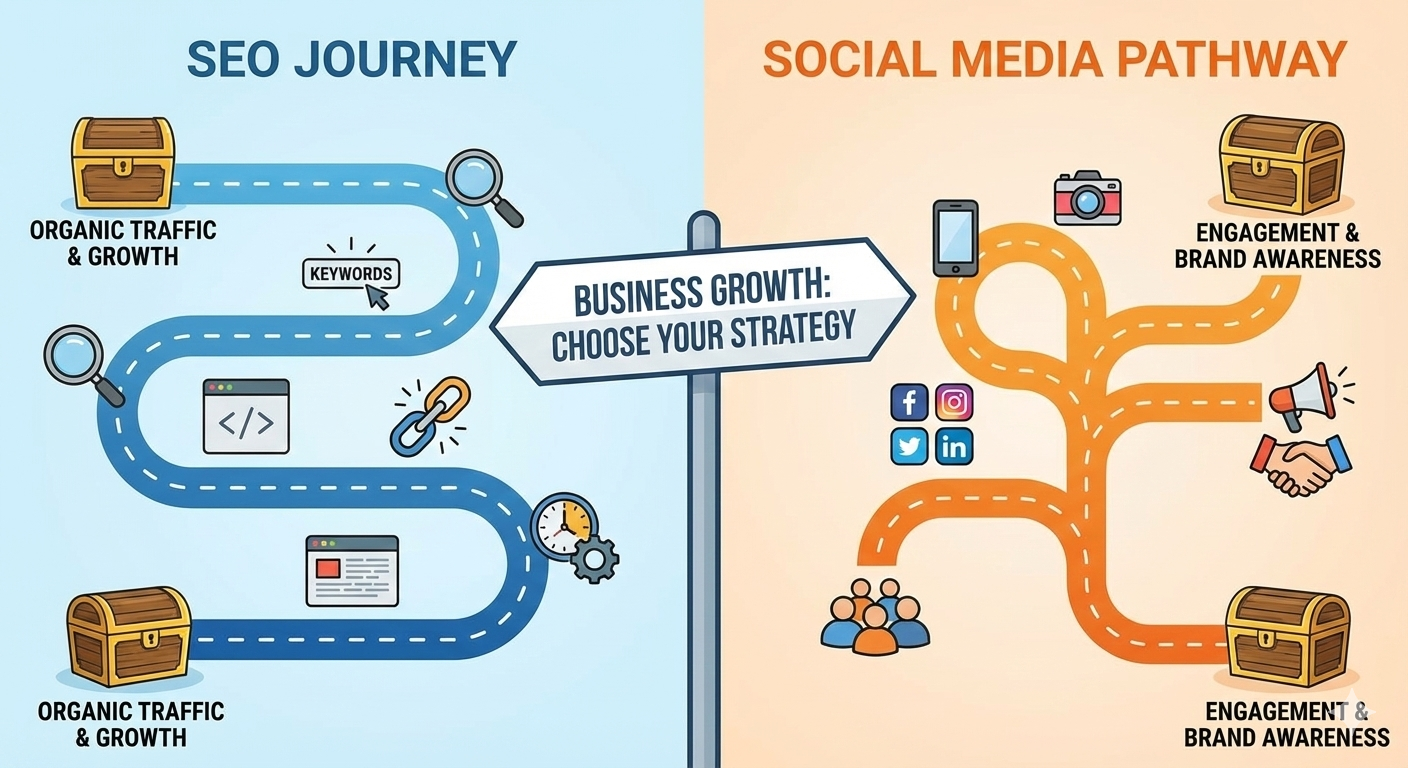 Infographic comparing SEO and Social Media Marketing, showing the SEO journey toward organic traffic and growth through keywords and optimization, and the social media pathway focused on engagement and brand awareness.