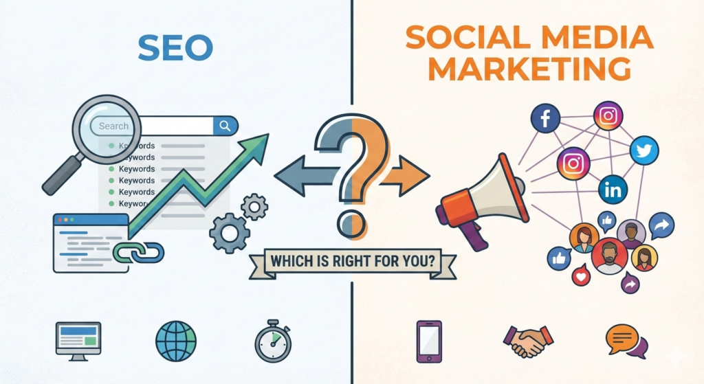 Illustration comparing SEO and social media marketing. Left side labeled ‘SEO’ shows a magnifying glass over keywords, a rising graph, gears, and website icons. Right side labeled ‘Social Media Marketing’ shows a megaphone, connected social media icons, and people engagement symbols. A question mark in the center asks, ‘Which is right for you