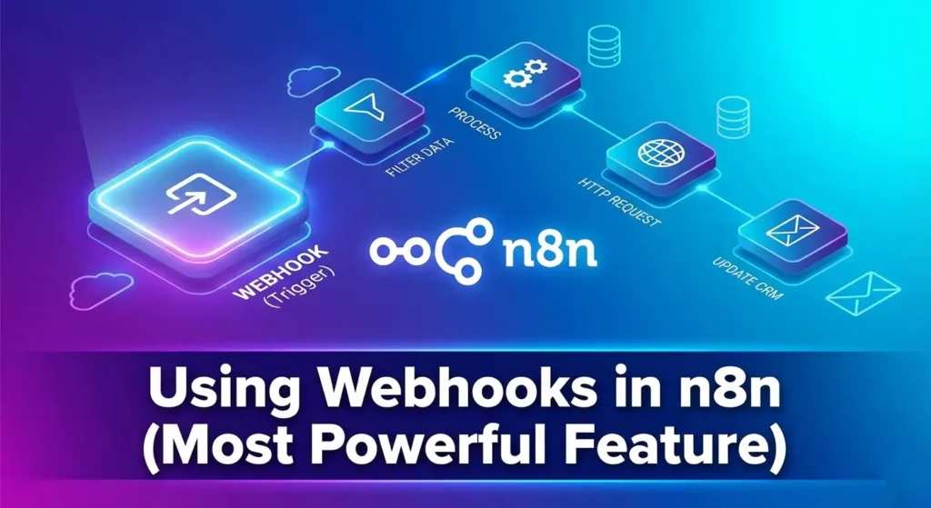 Diagram showing how webhooks work in n8n, starting from a webhook trigger, filtering data, processing it, sending an HTTP request, and updating a CRM system.